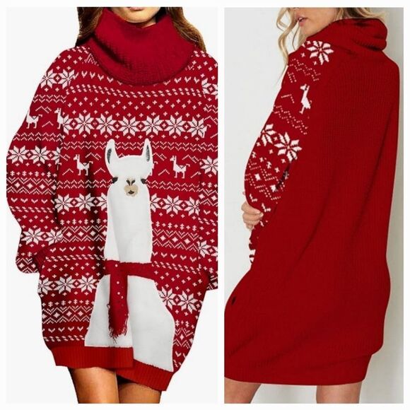 Llama Motif Holiday Turtleneck Loose Christmas Long Ugly Sweater Dress Pocket M - Picture 1 of 7